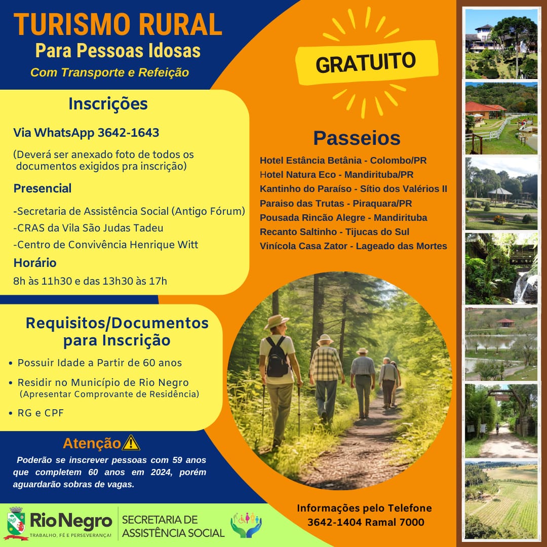 Prefeitura de Rio Negro abre inscrições para idosos interessados em participar do Turismo Rural